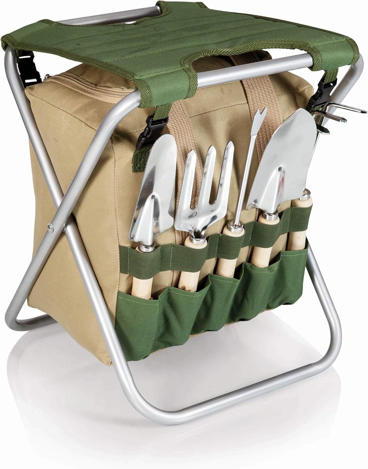 ONIVA - a Picnic Time brand Gardener Folding Seat With Tools, Garden Stool With Detachable Storage Tote Bag, Portable Chair Seat With Garden Tools Set Organizer, (Olive Green With Beige Accents) - Image 8