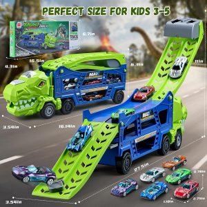Dinosaur Truck Toys for Kids 3-5 – Transporter Carrier Truck with 6 Die-Cast Cars Toys, 3 in 1 Truck with 2 Foldable Race Tracks, Christmas Birthday Gifts Toys for 3 4 5 6 Years Old Boys(Jungle Blue)