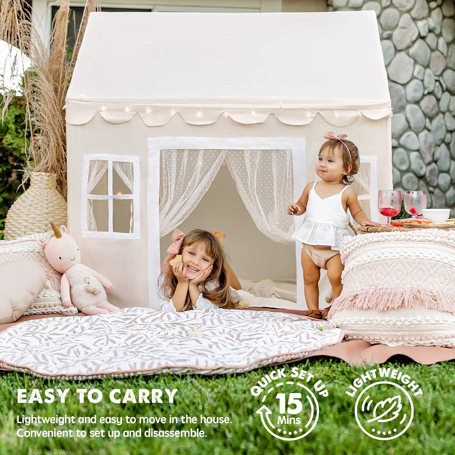 Tiny Land Play Tent with Padded Mat & LED Lights, Kids Tent, Playhouse for Kids, Indoor Bed Tent for Toddler, Toys for 3,4,5,6-Year-Old Girls, Neutral Color Play Room Furniture - Image 7