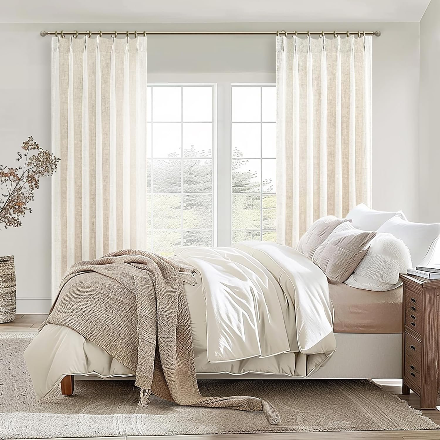 86 Inch Curtains 2 Panels Set, Elegant Farmhouse Cream Beige Thick Linen Light Filtering Sunroom Semi Sheer Curtains Back Tab for Bedroom Decor (40" W x 86" L Pinch Pleated Hooks&Rings) - Image 6