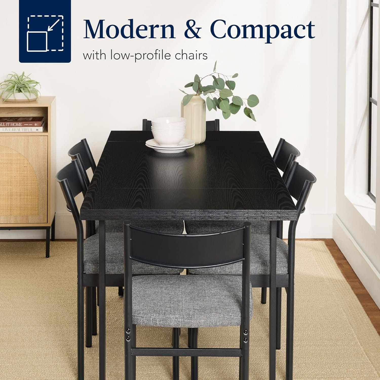 Best Choice Products 7-Piece Modern Dining Room Set, Kitchen Table Set, Dining Table w/ 6 Chairs, Upholstered Cushions, Solid Metal Frame, Curved Backrest - Black/Gray - Image 6