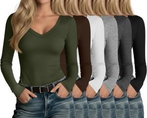 6 Pack Women’s V Neck Shirts Long Sleeve Top Slim Fit Casual Undershirts Layer Basic Tee Fall Outfits