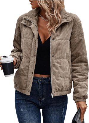 SOLY HUX Women’s Corduroy Quilted Puffer Jacket Zip Up Long Sleeve Padded Bomber Bar...