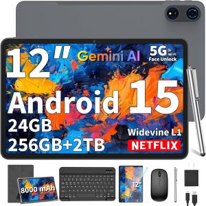 2025 12 Inch Tablet, Android 15 Tablets with Keyboard, 24GB+256GB+2TB Expand, 2K Display, Tablet PC with 5G WiFi, Octa-Core, 8000mAh, BT5.0, GMS, GPS, 2 in 1 Tablets with Case, Mouse, Stylus(Silver)