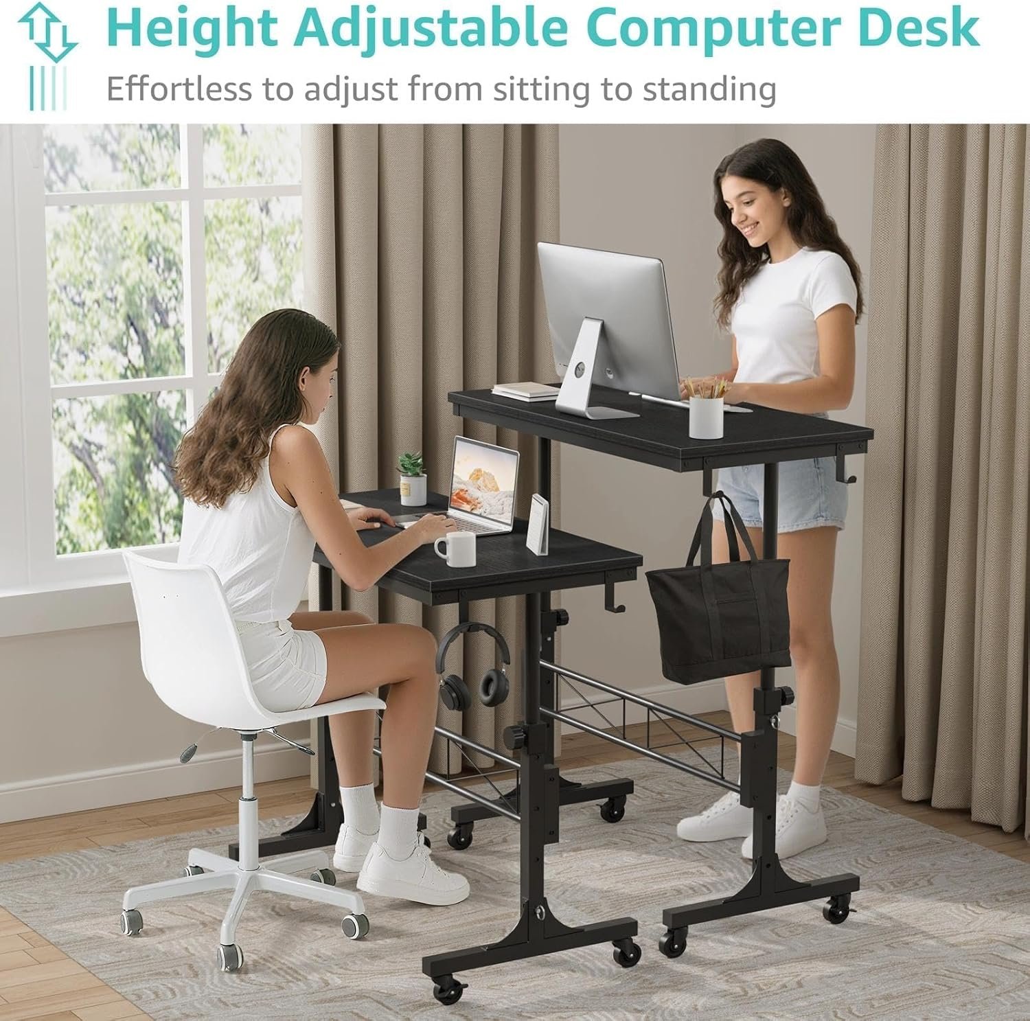 Small Portable Rolling Standing Desk - 32 Inch Adjustable Height Mobile Teacher Podium on Wheels for Classroom, Stand Up Desks for Treadmill Walking Pad, Couch Sofa Side Laptop Table, Black - Image 5
