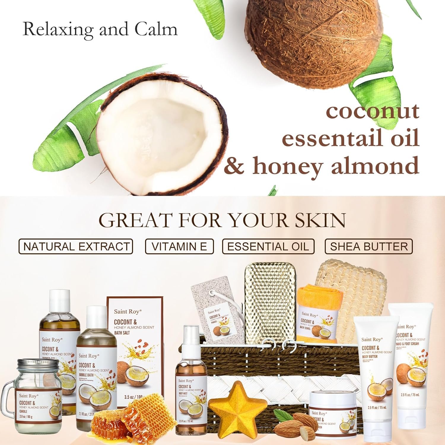 Spa Gift Basket Luxury Bath and Body Basket Set 17-Piece Coconut Honey Almond Christmas Gifts for Women Mom Her Large Luxury Home Spa Kit, Relaxing Self Care Pamper Gifts Birthday Bridal Shower Bath - Image 2