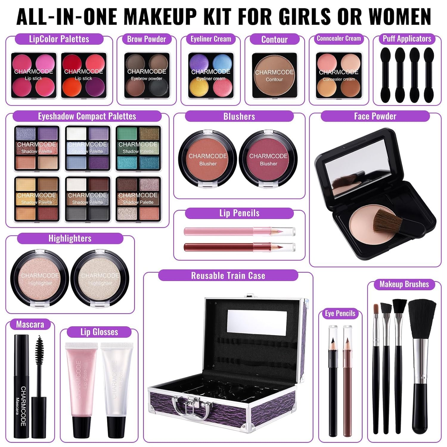 Makeup Kit for Teen Girls & Women Full Kit, Beauty Train Case with Starter Cosmetic Set, Make Up Christmas Gift Box with Eyeshadow,Lipgloss,Highlighter,Blush,Lip&Eye Pencils,Brush & More(Purple) - Image 3
