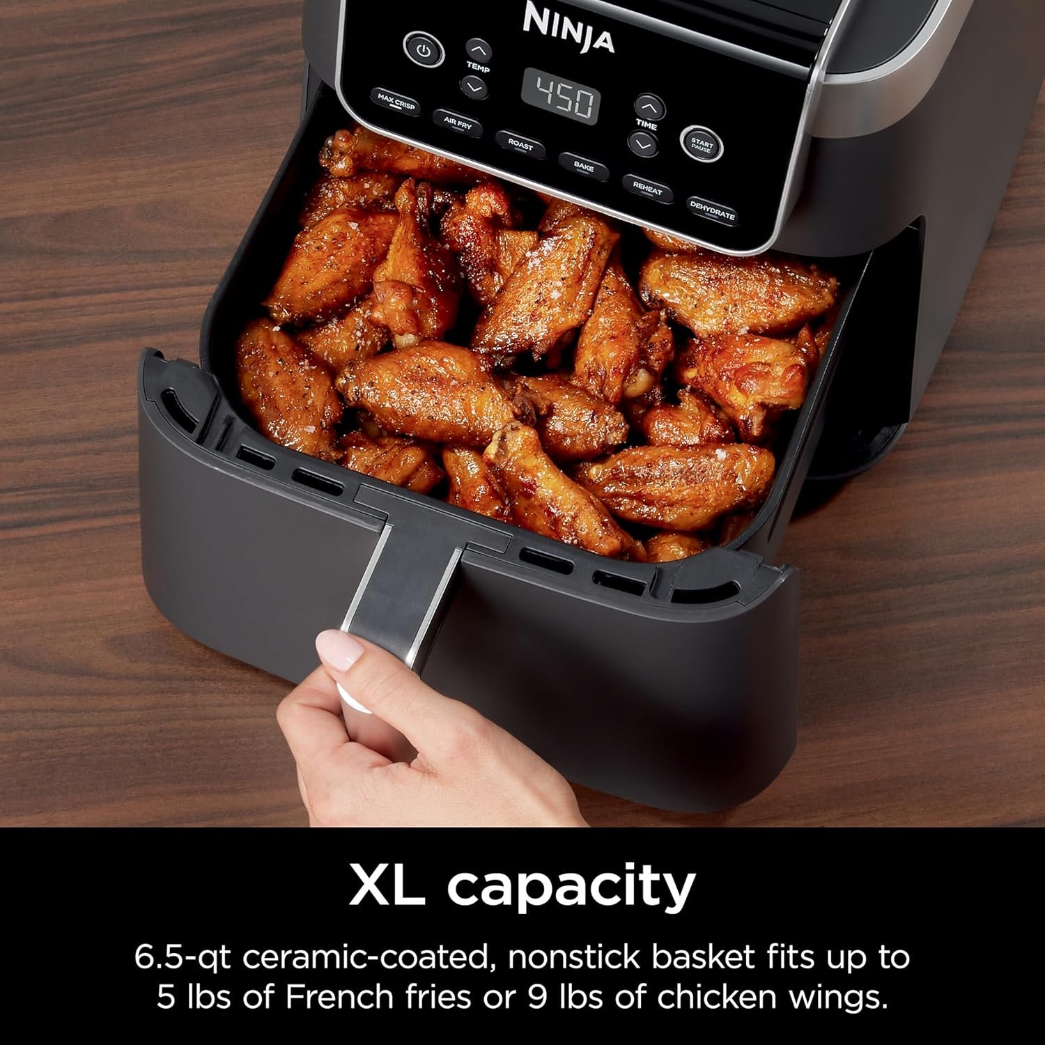 Ninja | Air Fryer | 6.5 QT Pro XL Capacity fits 9lbs of Wings | 6-in-1 Max Crisp, Air Fry, Roast, Bake, Reheat & Dehydrate | Nonstick Basket, Crisper Plate & Recipe Guide | Grey | AF181 - Image 3