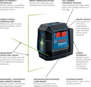 BOSCH GLL50-20G 50 Ft Green-Beam Self-Leveling Cross-Line Laser, Includes Integrated Magnetic Mount, 2 AA Batteries, & Soft Pouch