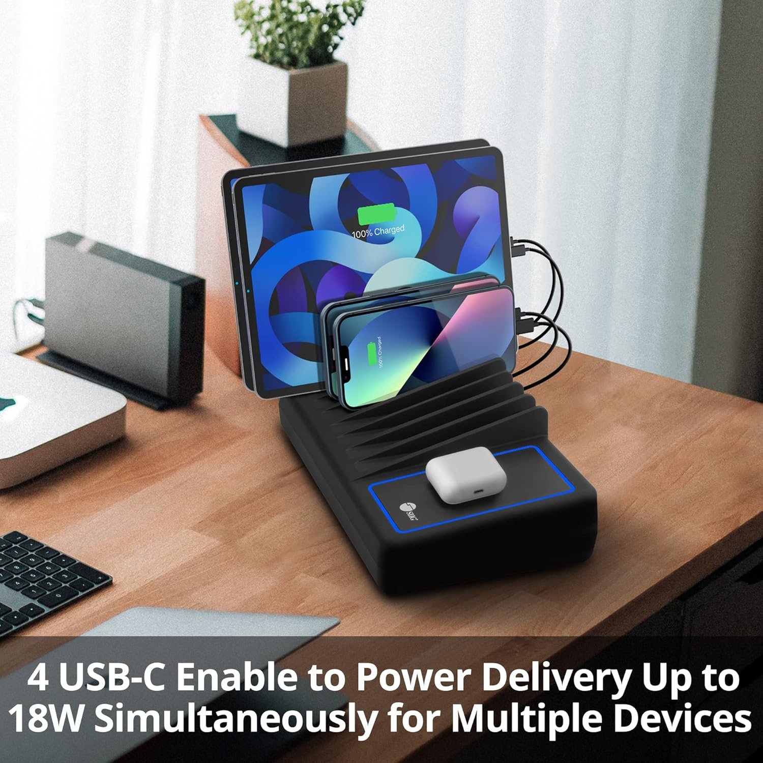 SIIG 10 Port 150W USB Charging Station with Qi Wireless Charging Deck, 6X USB-A and 4X USB-C Charging Ports, Vertical Device Organizer, Compatible with iPhones, iPads and More (AC-PW1R11-S1) - Image 4