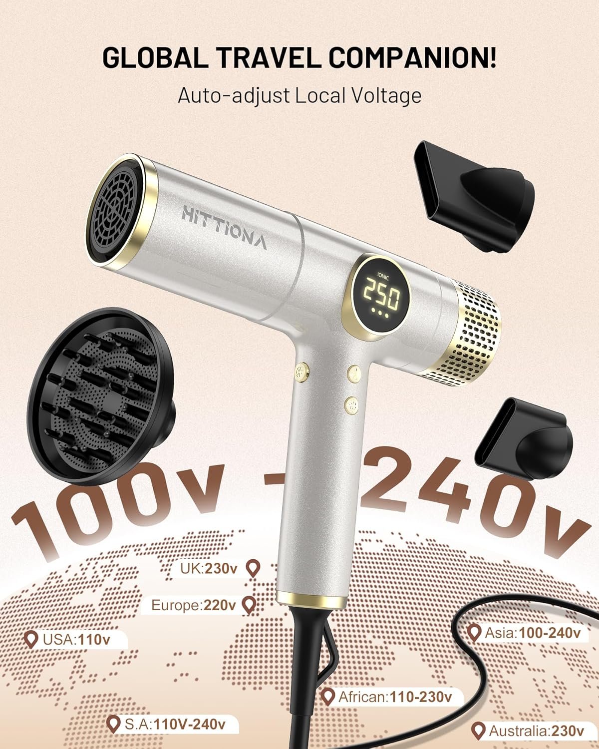 Dual Voltage Travel Hair Dryer with Diffuser - 2000W High-Speed Ionic Diffuser Hair Dryers for Women, Fast Drying, Low Noise, Lightweight, No Heat Damage, European Travel 110V-120V/220V-240V - Image 2