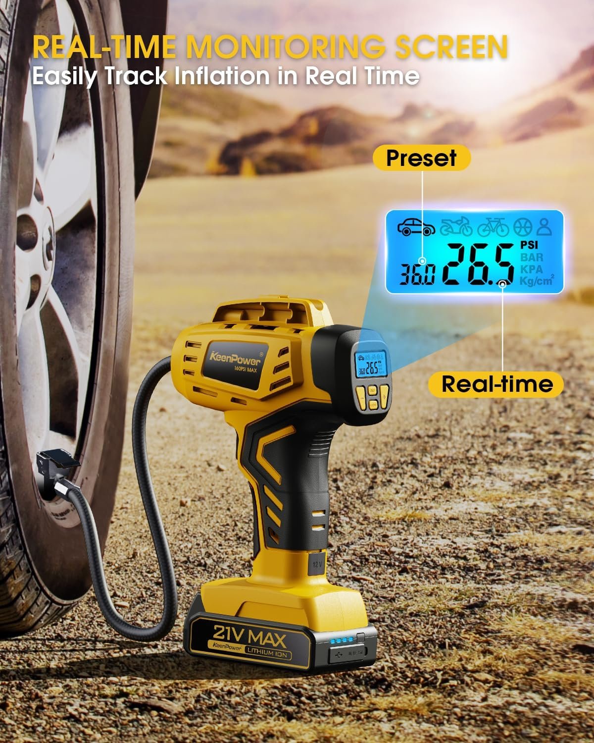 KeenPower Tire Inflator Portable Air Compressor - 2X Faster - 21V Rechargeable Battery Powered Handheld 160PSI Tire Inflator, Dual Power Supply Modes, Air Pump for Car Motorcycle E-Bike - Image 4