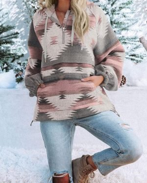 Fessceruna Womens Aztec Half Zip Up Hoodies Sweatshirt Casual Long Sleeve Oversized Ethnic...