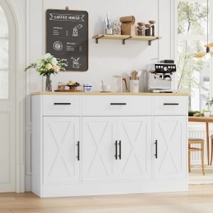 Shintenchi 53.4″ Sideboard Buffet Cabinet with Storage, Large Kitchen Buffet Storage Cabinet with 3 Drawers and 4 Doors, Wood Farmhouse Sideboard with Adjustable Shelf for Kitchen, Dining Room, White