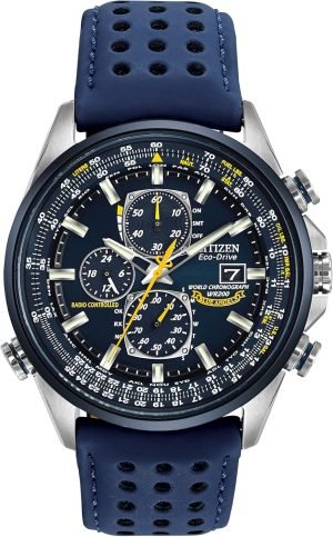 Citizen Men’s Eco-Drive Sport Luxury World Chronograph Atomic Time Keeping Watch in Stainless Steel with Blue Polyurethane strap, Blue Dial (Model: AT8020-03L)