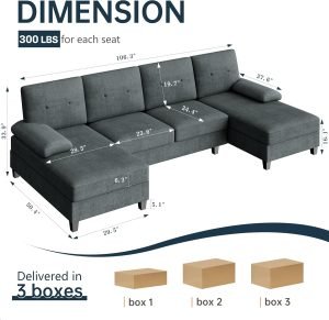 Meilocar Sectional Couches for Living Room, U Shaped Couch 4- Seat Sectional Sofa with Double Chaise, Comfortable Fabric Large Sofa for Apartment (Grey)
