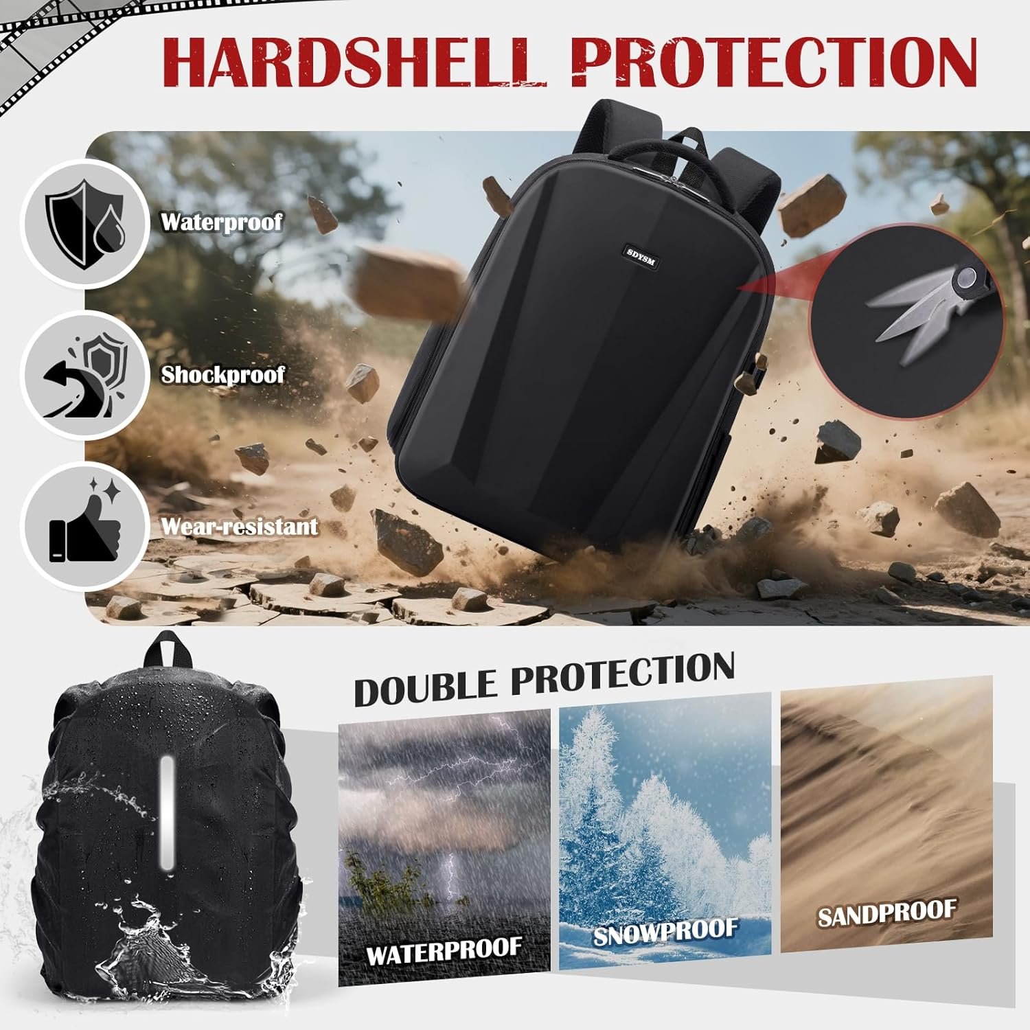 SDYSM Camera Backpack, Hardshell DSLR/SLR Camera Bag with Lens Pouch & 15.6" Laptop Compartment Waterproof Camera Case with Rain Cover Photography Backpack Compatible for Canon/Nikon/Sony/Drone Black - Image 5