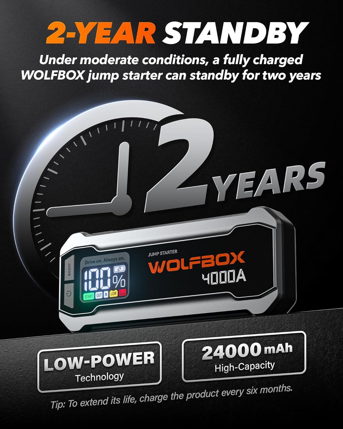 WOLFBOX MV24 4000A Jump Starter,12V Car Booster Pack with 65W Quick Charger,LED Display,24000mAh Portable Jump Starter Battery (10L Gas 10L Diesel Engine) with LED Light,Jumper Cables - Image 7