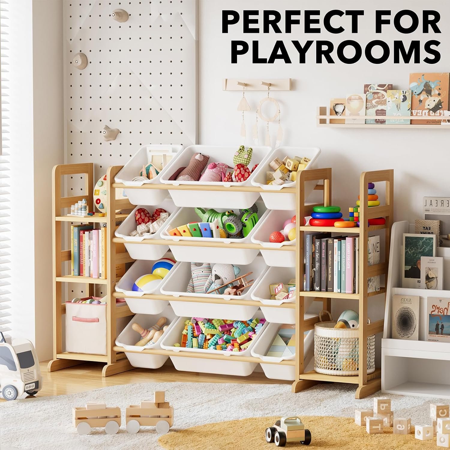 SpaceAid Toy Storage Organizer with 6 Shelves and 12 Bins, Bookshelf/Bookcase, Kids Bin Shelf, Toys Box for Playroom Organization for Bedroom & Room Decor, White, 52.3" W - Image 5