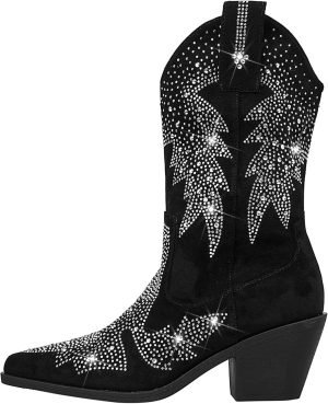 Women’s Sparkly Rhinestone Bling Cowgirl Suede Western Boots Shiny Pointed Toe Chunky Heel Glitter Ankle Booties