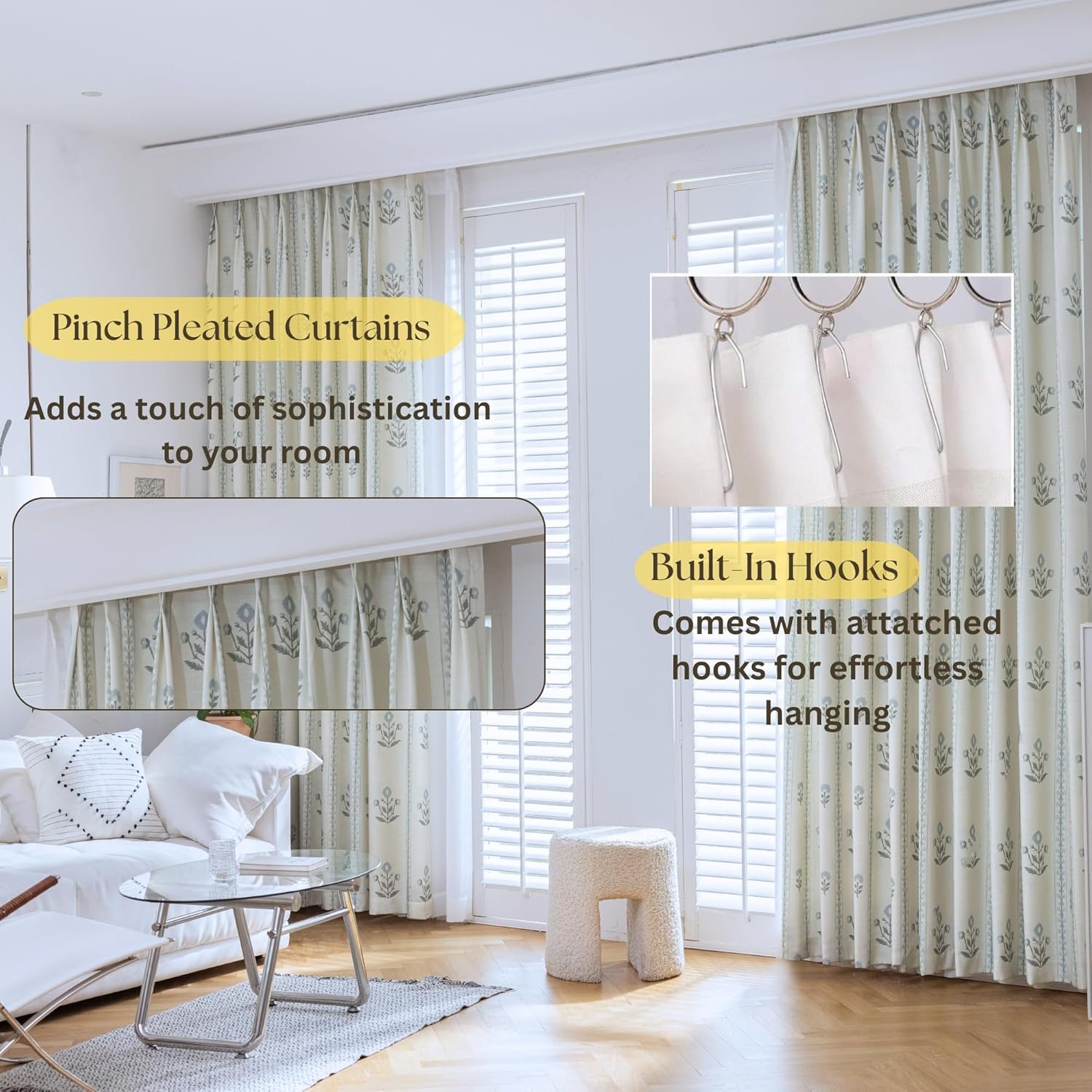 Linen Blend Pinch Pleated Curtains for Living Room, Bedroom, Dining Room - Light Filtering Curtains 2 Panels Set - Luxury and Modern Floral Printed Design - Antique White, 30" W x 84" L - Image 6