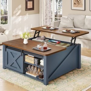 SEDETA 31.5″ Lift Top Coffee Table with Storage, Square Coffee Tables for Living Room, Farmhouse Coffee Table with Large Hidden Storage Compartment and Adjustable Shelves, Blue