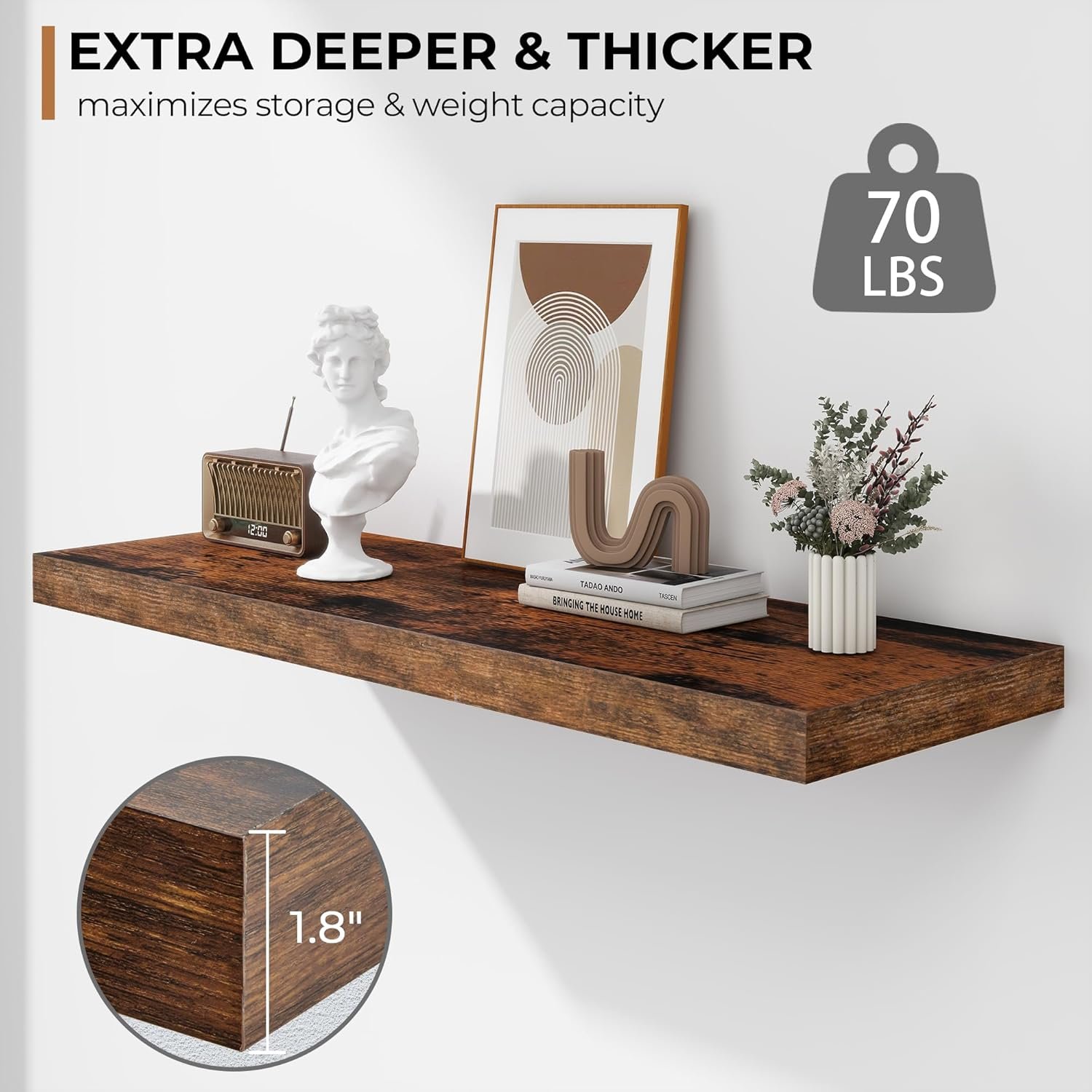Fun Memories Floating Shelves - 2 Pack 12 Inch Rustic Wooden Wall Shelves - Extra Deeper & Thicker Wall Mounted Storage Shelf for Living Room, Kitchen, Farmhouse - 36" W x 12" D x 1.8" H - Brown - Image 4