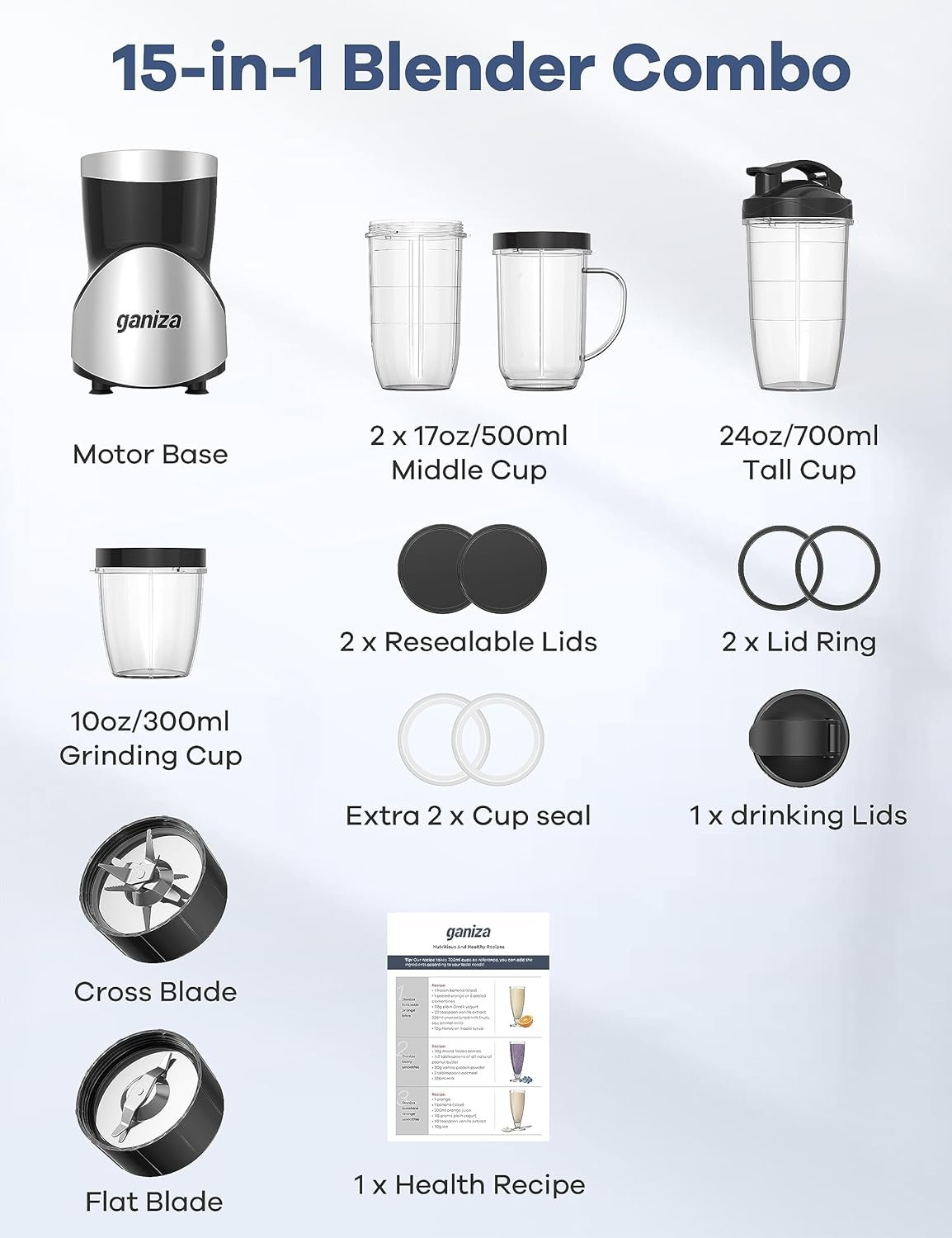 Ganiza Smoothie Blender, 900W Blenders for Shakes and Smoothies, 15-Piece Personal Blender and Grinder Combo for Kitchen, Smoothies Maker with 4 BPA-Free Portable Cup, Nutritious Recipe - Image 6