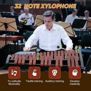 32 Note Xylophone Professional Wooden Glockenspiel Xylophone with Adjustable Stand – Premium Musical Instrument Includes 4 Mallets, Hand Bell & Bag