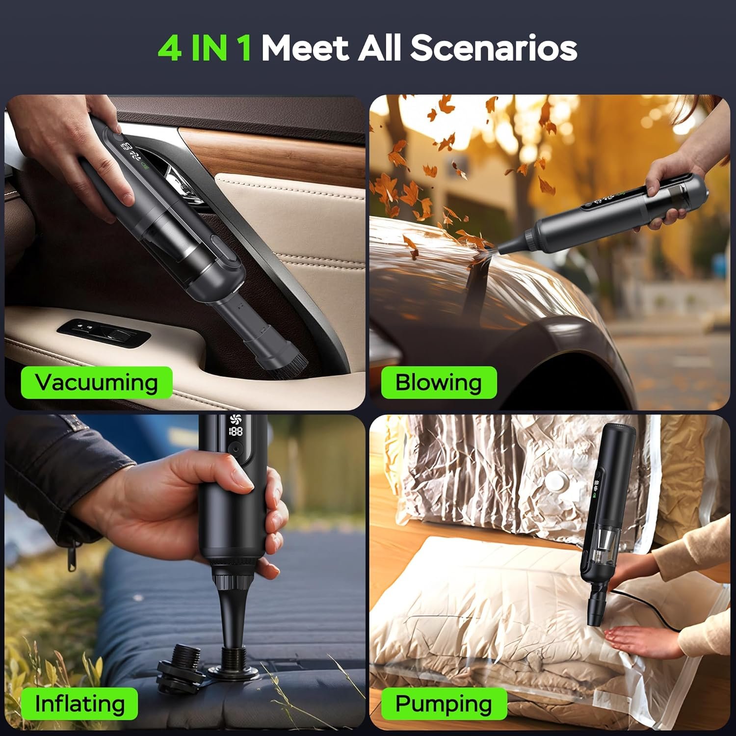 Portable Car Vacuum Cordless, 18000Pa 4-in-1 Suction Power Mini Vacuum Cleaner, 120W Brushless Motor Handheld Vacuum Cordless Rechargeable, 7800mAh Battery, LED Light, Multi-Nozzle for Car, Home, Pet - Image 4