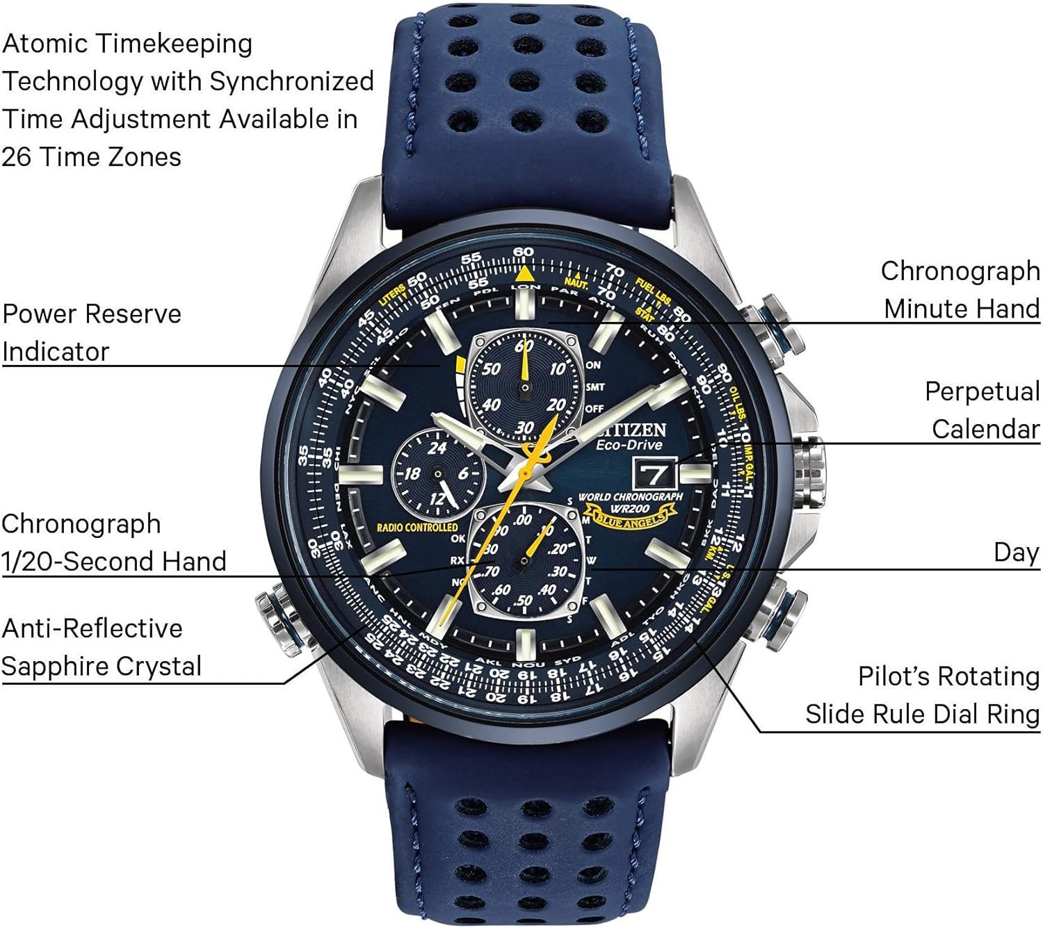 Citizen Men's Eco-Drive Sport Luxury World Chronograph Atomic Time Keeping Watch in Stainless Steel with Blue Polyurethane strap, Blue Dial (Model: AT8020-03L) - Image 6