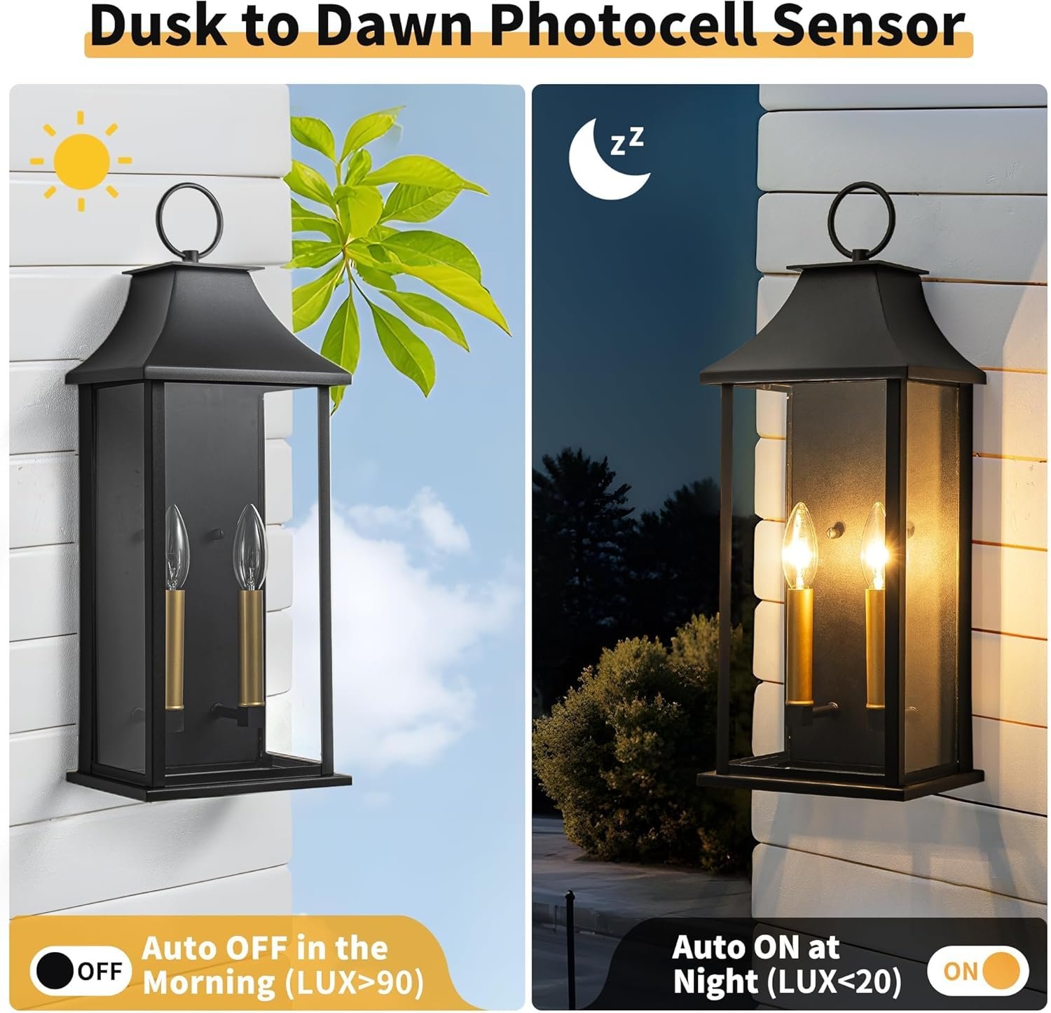 Dusk to Dawn Outdoor Wall Lantern 2-Light, 20.6" Large Outside Wall Sconce, Modern Black Wall Light Fixture with Glass, Waterproof Exterior Lamp for House, Porch, Garage - Image 2