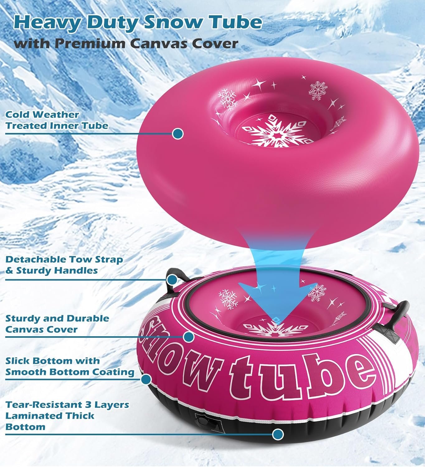 Jasonwell Inflatable Snow Tube Sled - Heavy Duty Snow Tubes for Sledding with Premium Canvas Cover for Kids Adults Snow Toy Fun Winter Outdoor Toys Christmas Birthday Gift for Boys Girls Children - Image 2
