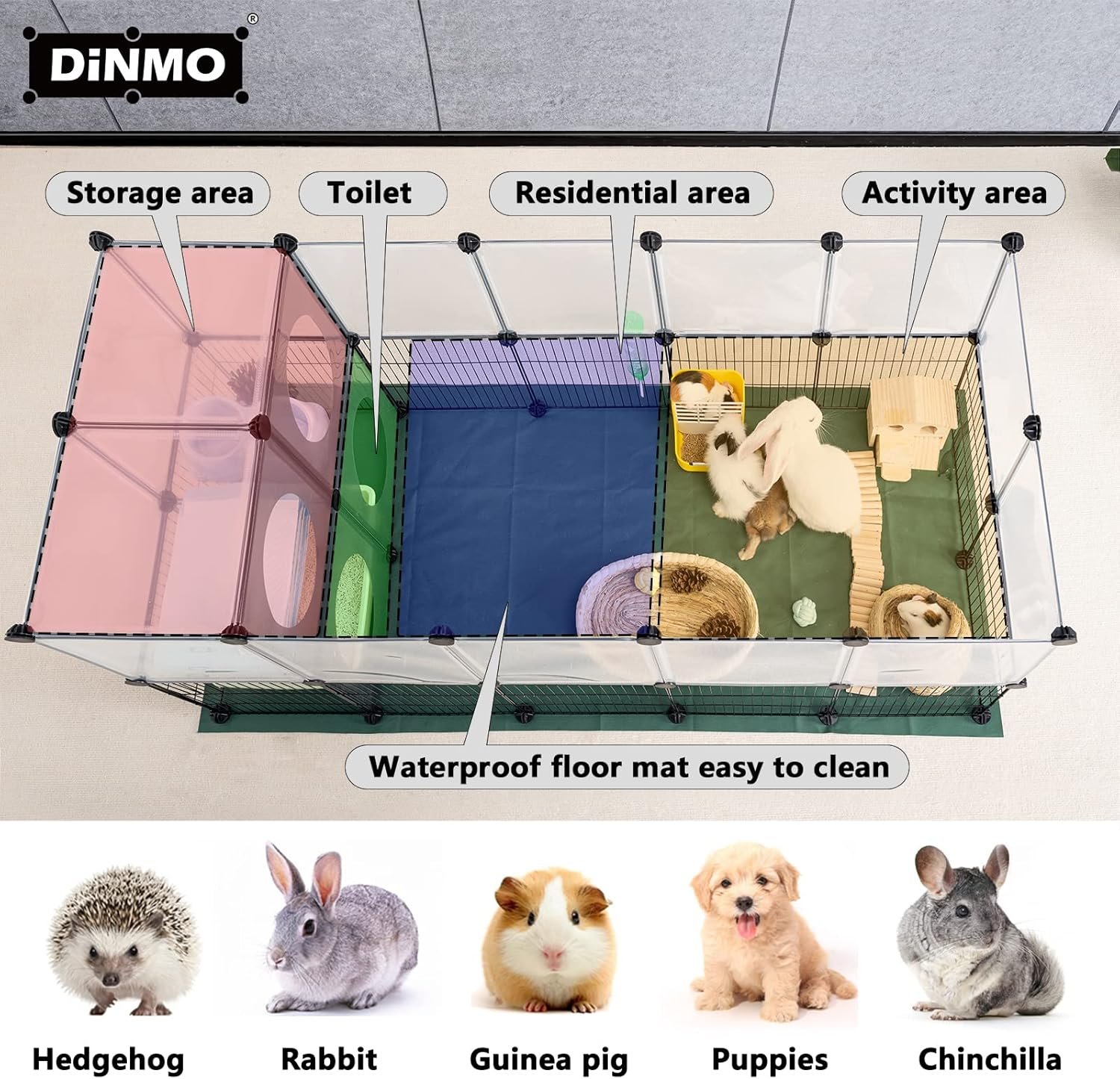 DINMO Small Animal Playpen with Oxford Mat, 24 inches Height, Pet Exercise Fence, Home Protector, Iron Mesh and Plastic Combination, Visualization, DIY, Games Hole Series, 60.2 x 24.8 x 24.8inch - Image 3