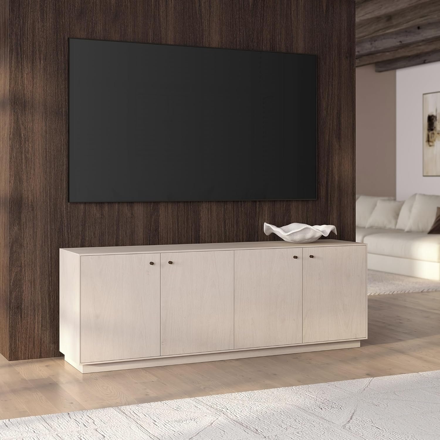 Henn&Hart TV Stand for TVs up to 75'' with 2 Concealed Storage Cabinets, Adjustable Shelves, Plinth Base and Cable Management Cut-Outs for Living Room, Family Room, or Office, Alder White - Image 3