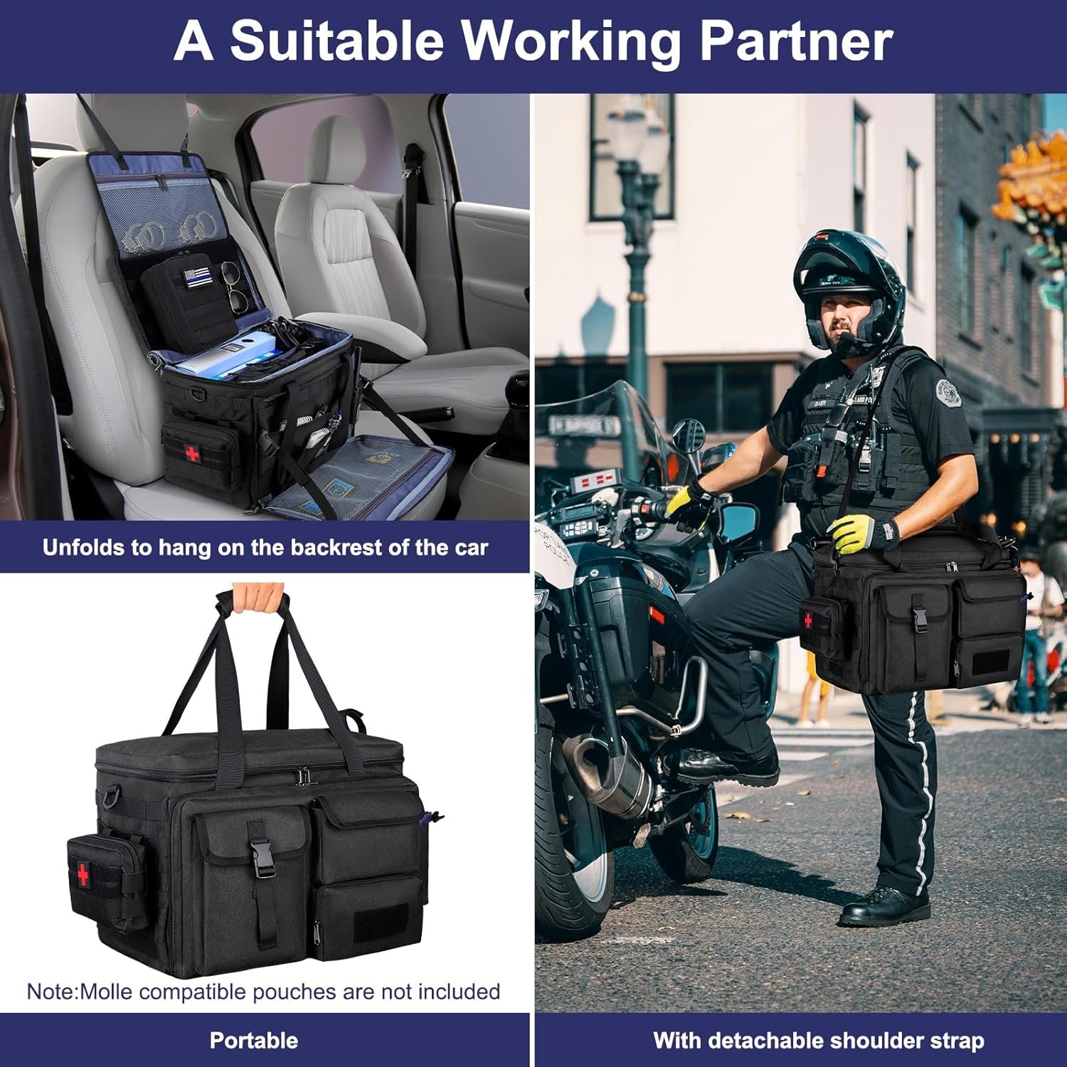 Patrol Bag Law Enforcement Police Gear Bag, Car Front Seat Organizer Tactical Officer Duty Bags, Police Car Accessories for Passenger Seat, Multiple Compartment Molle Webbing Removable Shoulder Strap - Image 5