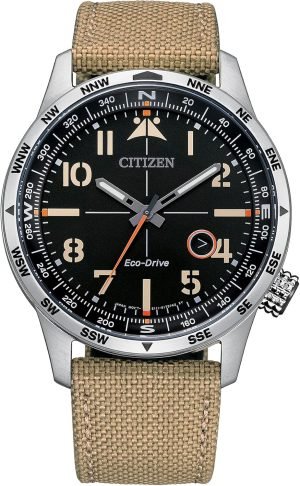 Citizen Men’s Eco-Drive Weekender Avion Field Watch in Stainless Steel with Khaki Nylon Strap, Black Dial (Model: BM7550-01E)