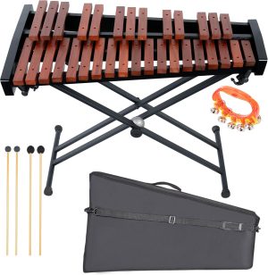 32 Note Xylophone Professional Wooden Glockenspiel Xylophone with Adjustable Stand – Premium Musical Instrument Includes 4 Mallets, Hand Bell & Bag