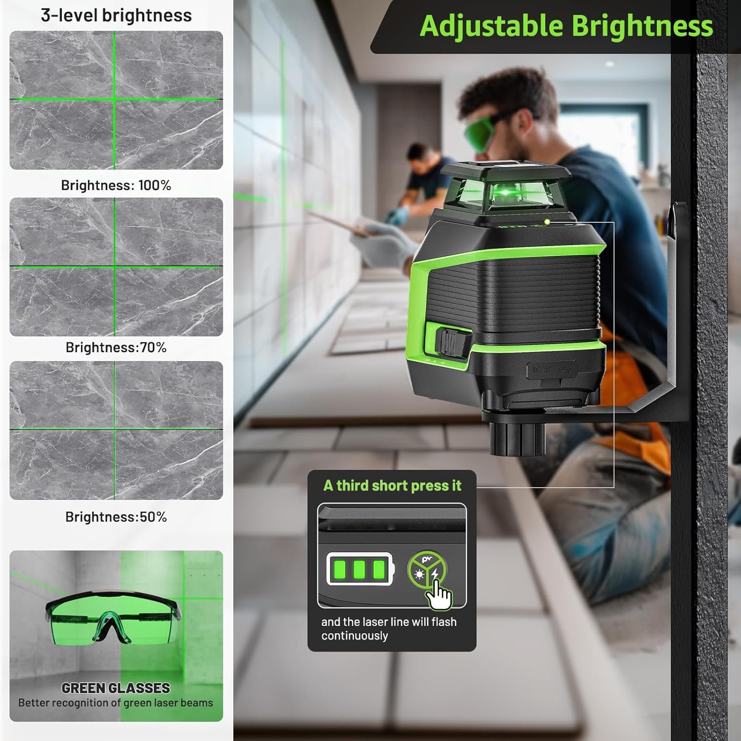 Huepar 360° Laser Level with Tripod 60in, 82Ft - 165Ft Self Leveling Laser Level with Pulse Mode, 3 Brightness Levels Rechargeable Li-ion Battery Green Line Laser Leveler Tool for DIY Indoor Project - Image 3