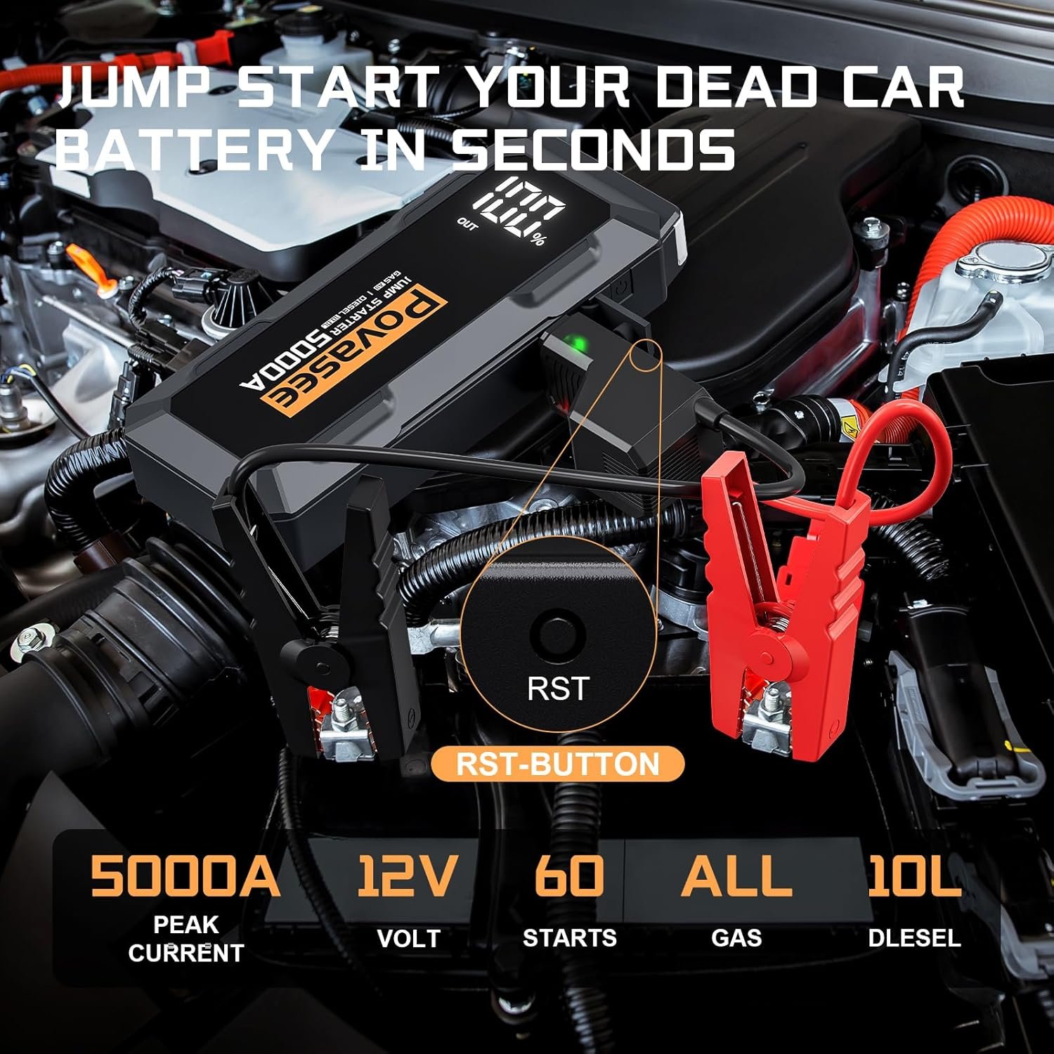 5000A Jump Starter Povasee A40 Car BatteryJump Starter, 12V Jump Box for Car Up to All Gas or 10L Diesel Engine Battery Jumper Starter Portable with 3" LCD Display Power Bank/Dual Output/LED Light - Image 2