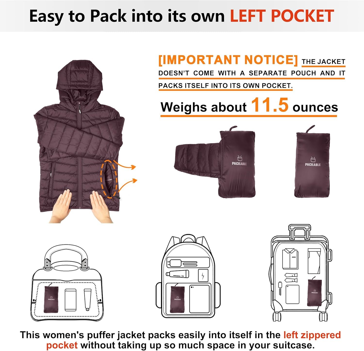 Outdoor Ventures Women's Packable Lightweight Full-Zip Puffer Jacket with Hood Quilted Winter Coat - Image 2