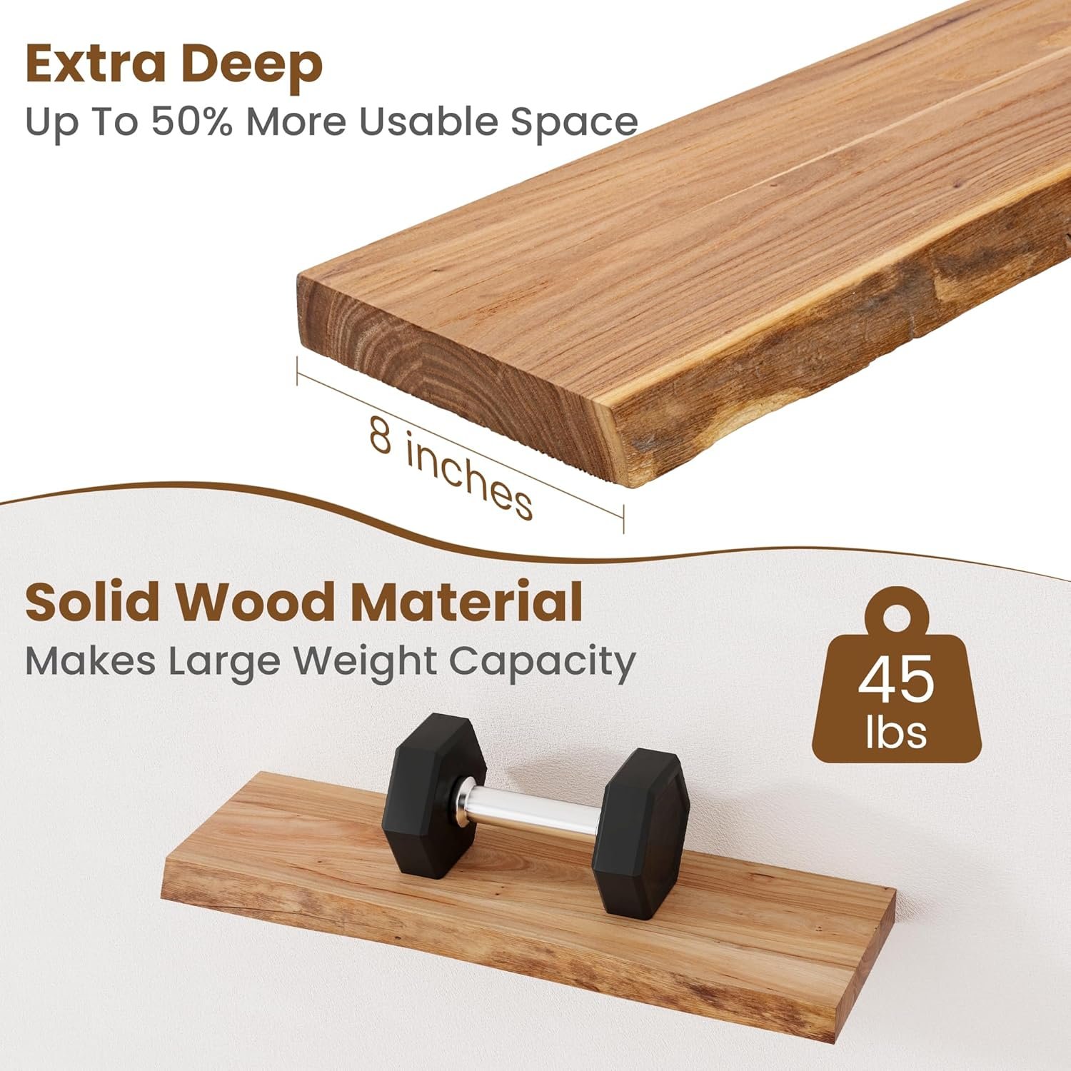Floating Shelves for Wall Decor, Rustic Solid Elm Wood Live Edge Floating Shelves Wall Mounted, Wall Shelves with Invisible Bracket for Living Room Bathroom Bedroom Kitchen, 24 Inch Set of 2, Natural - Image 5