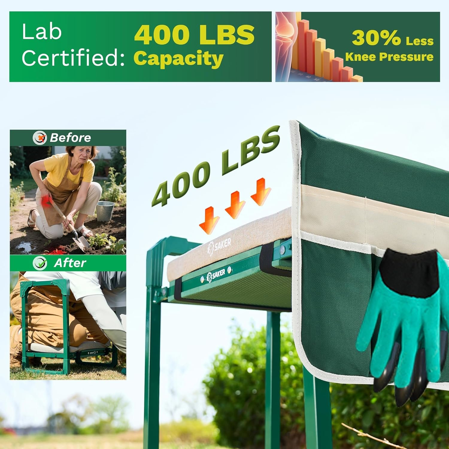 Saker Garden Kneeler and Seat Foldable Gardening Stool with Extendable Legs & Thickened Pad, Tool, Heavy Duty Support for Elderly, Gardening, Outdoor Use - Image 5
