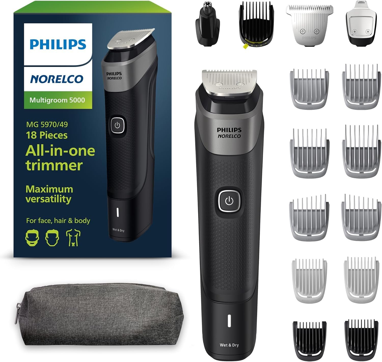 Norelco Philips Multigroom 5000 Series, All-in-One Trimmer, Beard Trimmer and Hair Clipper, 18-Piece Men's Grooming Kit for Beard, Face, Nose, Ear, Body, with Titanium Blades, Travel Pouch, MG5970/49