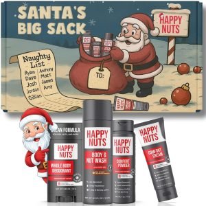 Happy Nuts Santa’s Big Sack – Funny Holiday Gift Box for Men – 4-in-1 Men’s Care: Comfort Cream, Hydrating Body Wash, Whole Body Deodorant Stick, Anti-Chafing Powder – Hilarious Gift Basket for Him
