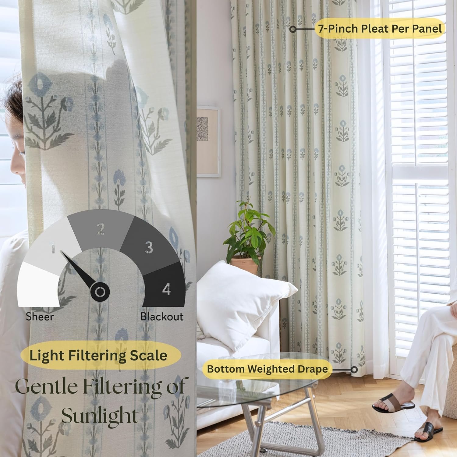 Linen Blend Pinch Pleated Curtains for Living Room, Bedroom, Dining Room - Light Filtering Curtains 2 Panels Set - Luxury and Modern Floral Printed Design - Antique White, 30" W x 84" L - Image 8