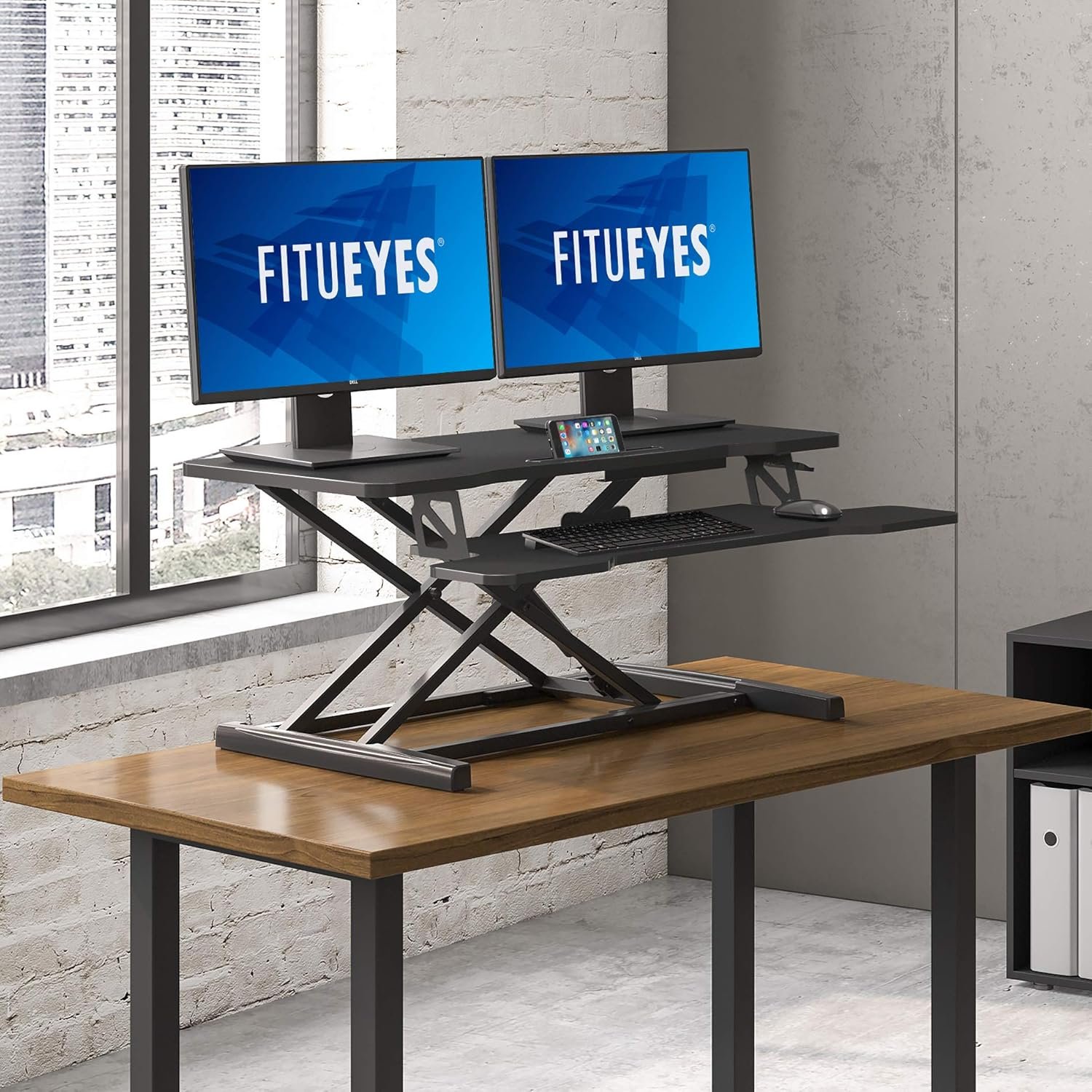 FITUEYES Height Adjustable Standing Desk 36” Wide Sit to Stand Converter Stand Up Desk Tabletop Workstation for Laptops Dual Monitor Riser Black SD309101WB - Image 5