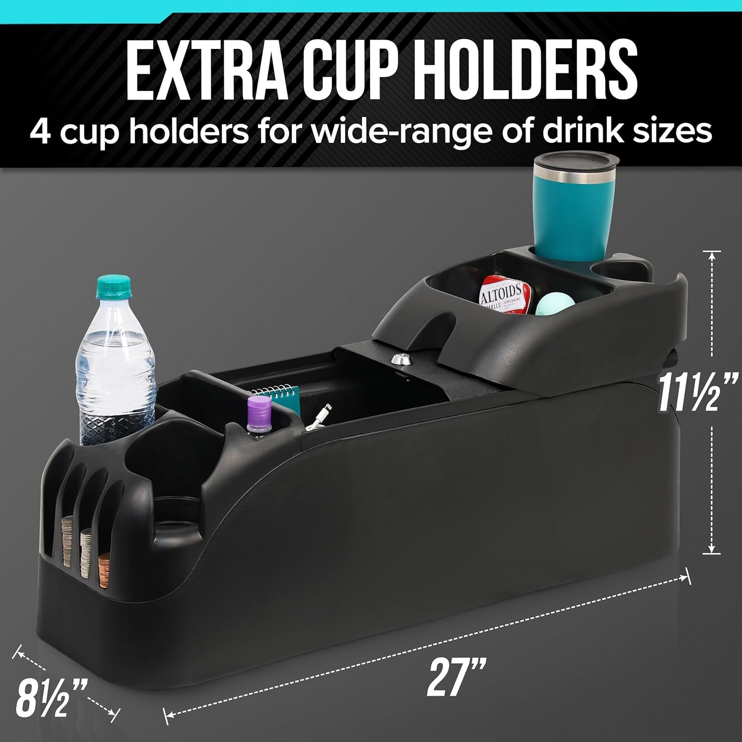 Center Console for Minivans, SUVs, Middle Van Console, Extra Cup Holders, Large Storage, 27"L x 11.5"W x 8.5"H,Made in USA (Black) - Image 3