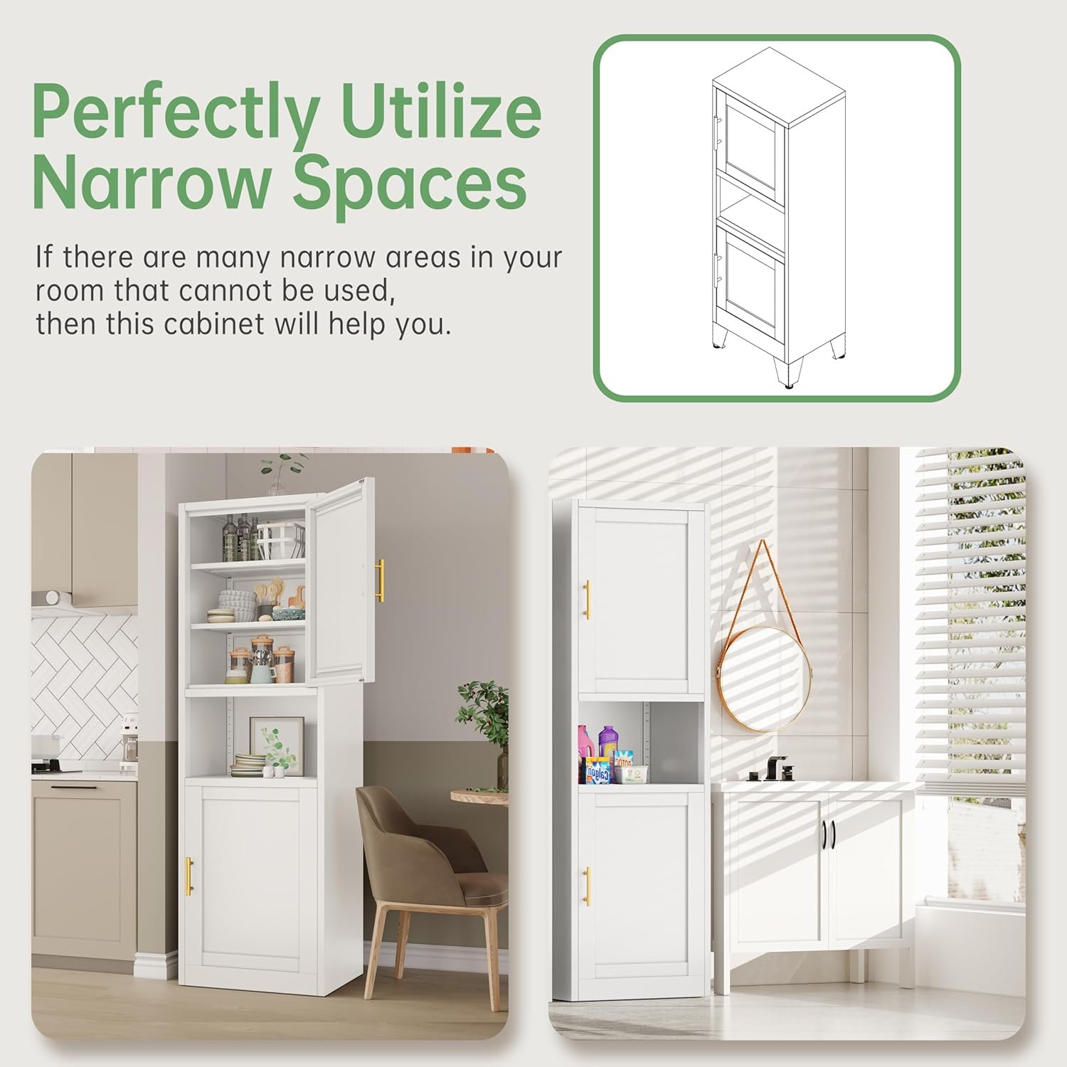 Tall Narrow Storage Cabinet 66.93" H Tall Bathroom Cabinets Metal Pantry Cabinet, 4 Adjustable Shelves for Kitchen, Home Office, Living Room, Dinning Room (16 inches Wide White) - Image 5