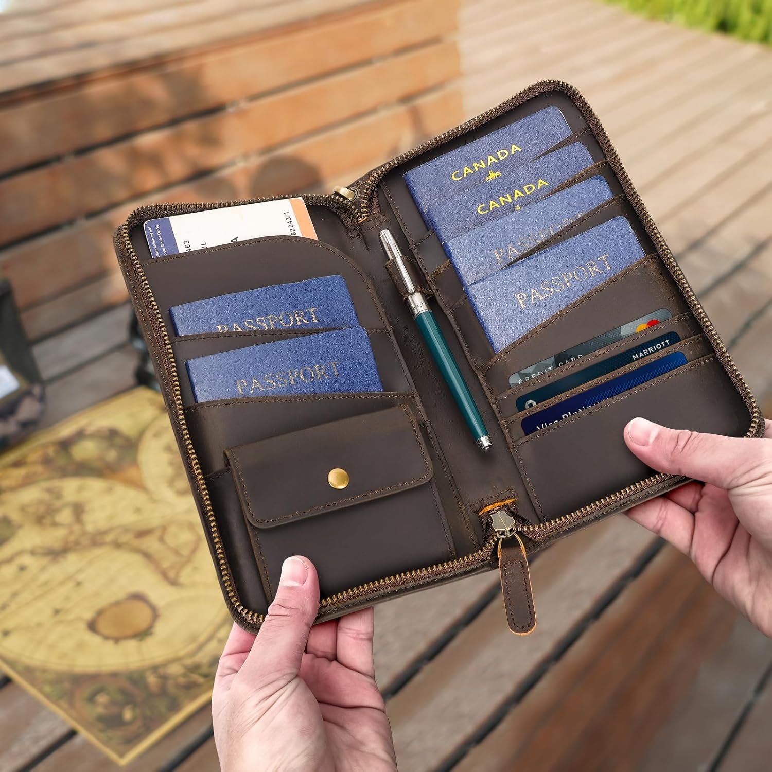 Polare Full Grain Leather Family Passport Holder Travel Documents Organizer RFID Blocking Wallet with Coin Pouch and AirTag Slot Fits 6 Passports - Image 2